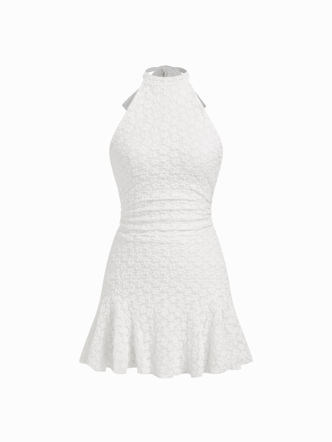 Jacquard Floral Halter Neck A-line Mini Dress