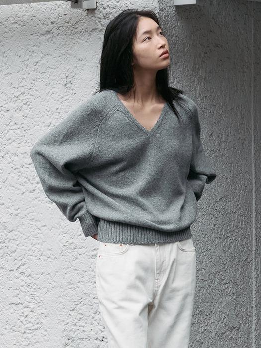 SIKN2156 울 블렌드 루즈 브이넥 니트_Melange gray