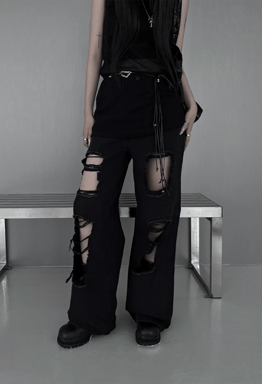 black vintage washed wide denim