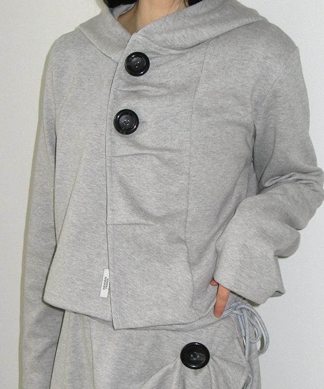 [1/19 순차배송] BIG BUTTON PLEATED HOODED CARDIGAN GREY