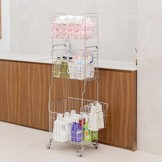 스텐팩토리 올스텐304 이동식 세탁 빨래바구니 멀리트롤리 3단세트