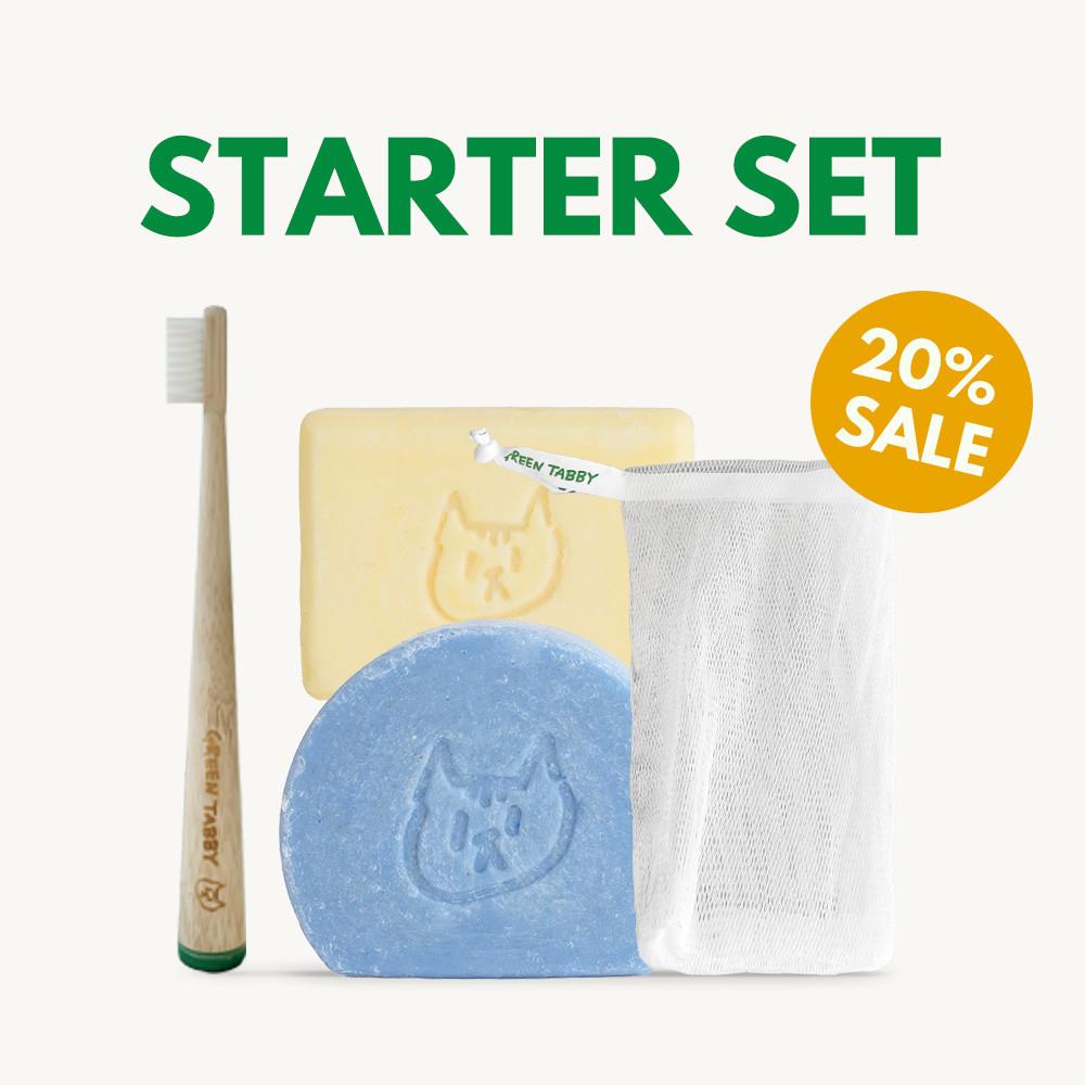 (스타터 세트) 블루 샴푸바 1개 + 트리트먼트바 1개 + 비누망 1개 + 대나무칫솔 1개