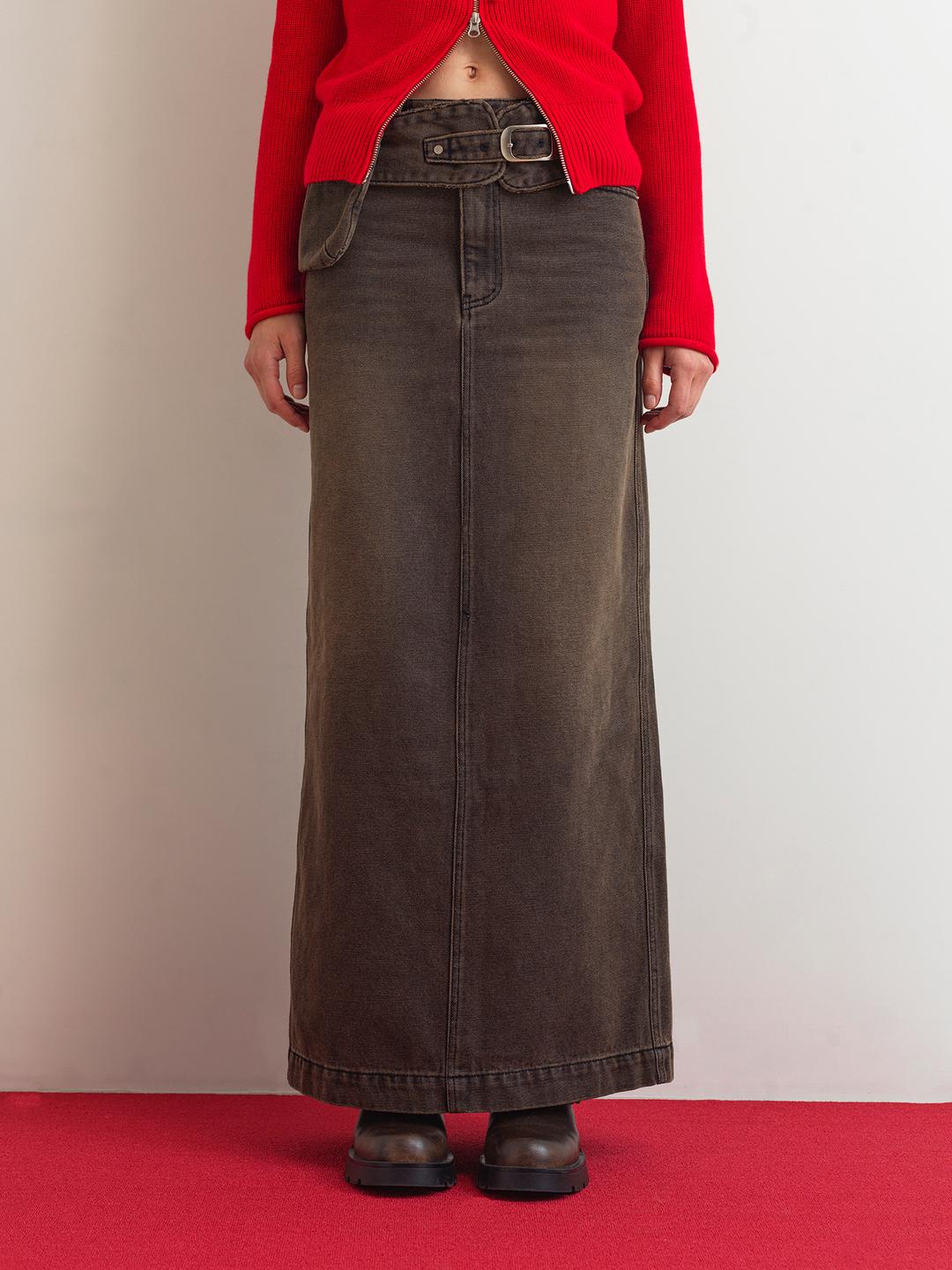 DENIM LONG SKIRT - BROWN