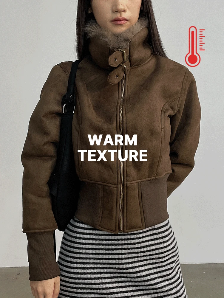 [퍼안감] 라쇼 버클 하이넥 크롭 퍼 스웨이드무스탕