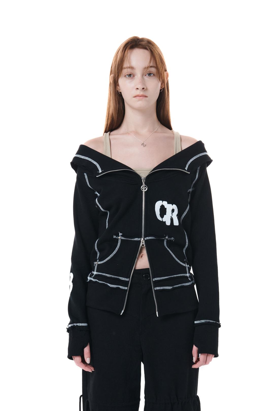CR CUT OUT HOOD ZIP UP / BLACK