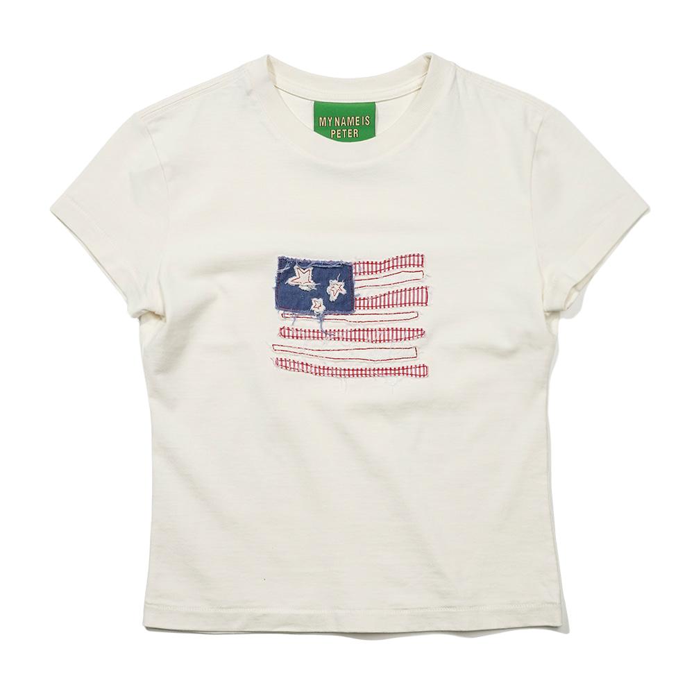 (W) USA FLAG APPLIQUE T-SHIRTS - WHITE