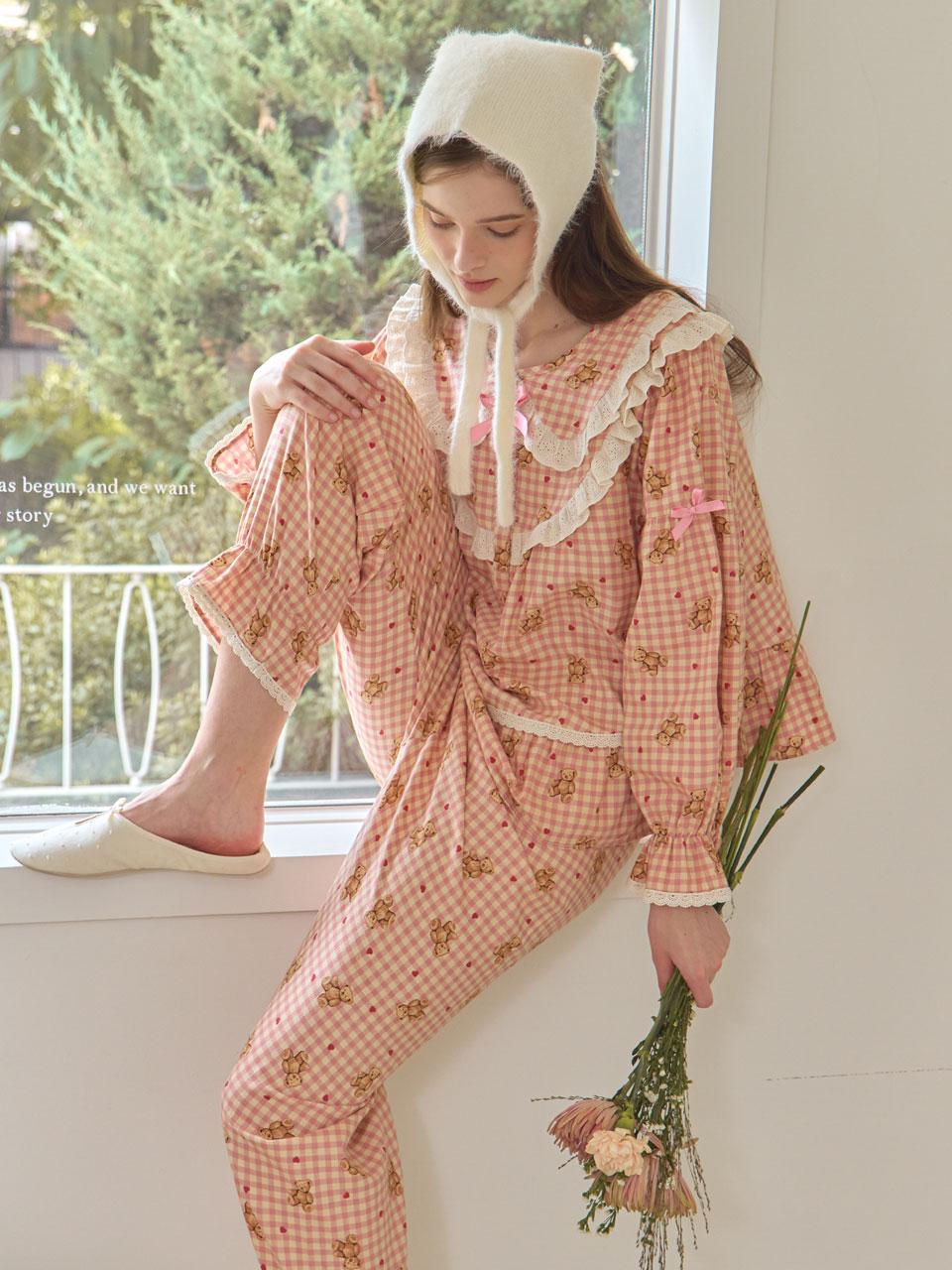 여성 스윗베어 코튼 긴소매 라운드넥 투피스 잠옷 25-05332