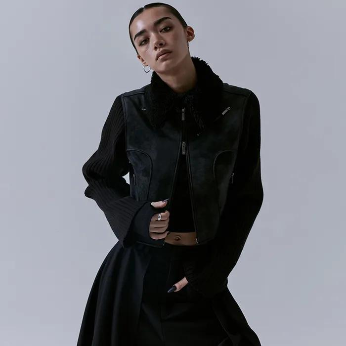 2-way Collar Knit Sleeve Crack Leather Jacket [ Black ]
