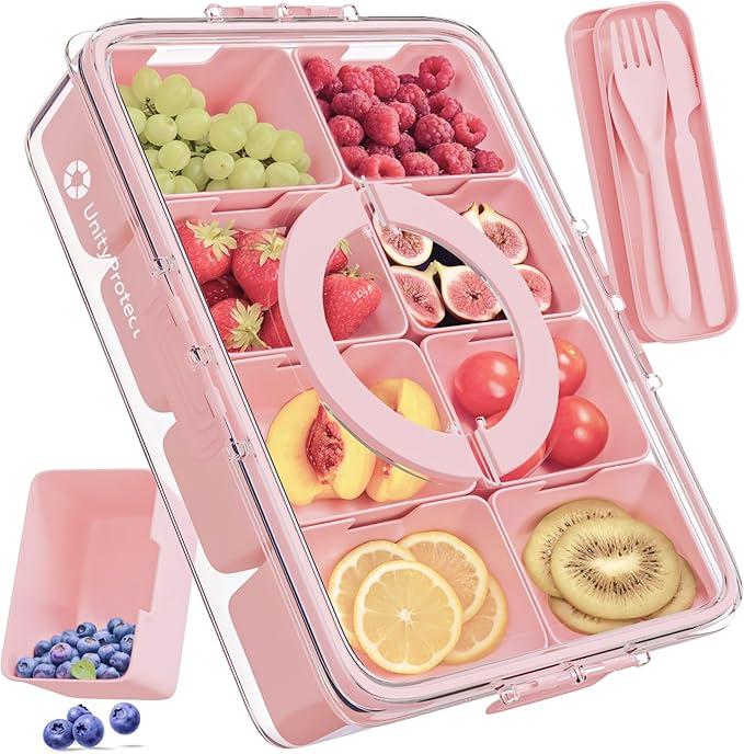 Snackle Box Container with Lid & Handle – Portable Snacklebox and Divided Snack Organizer – 8 Removable Compartments for Charcuterie, Fruits, Nuts & Travel (Pink)