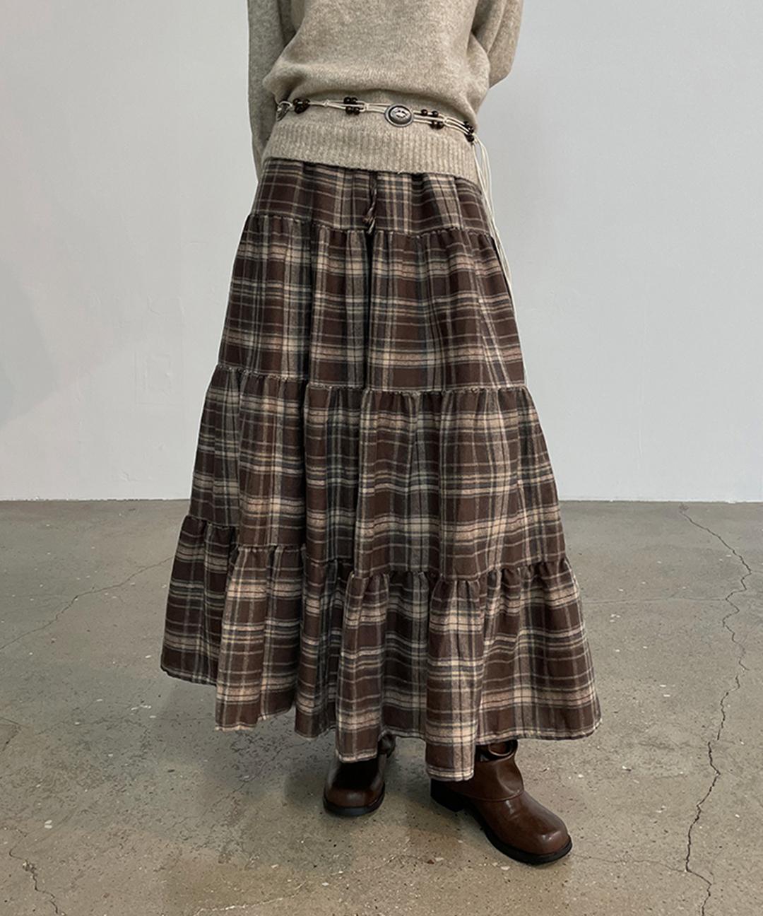 토마토스토어 베르어 밴딩 캉캉 모직 체크롱스커트