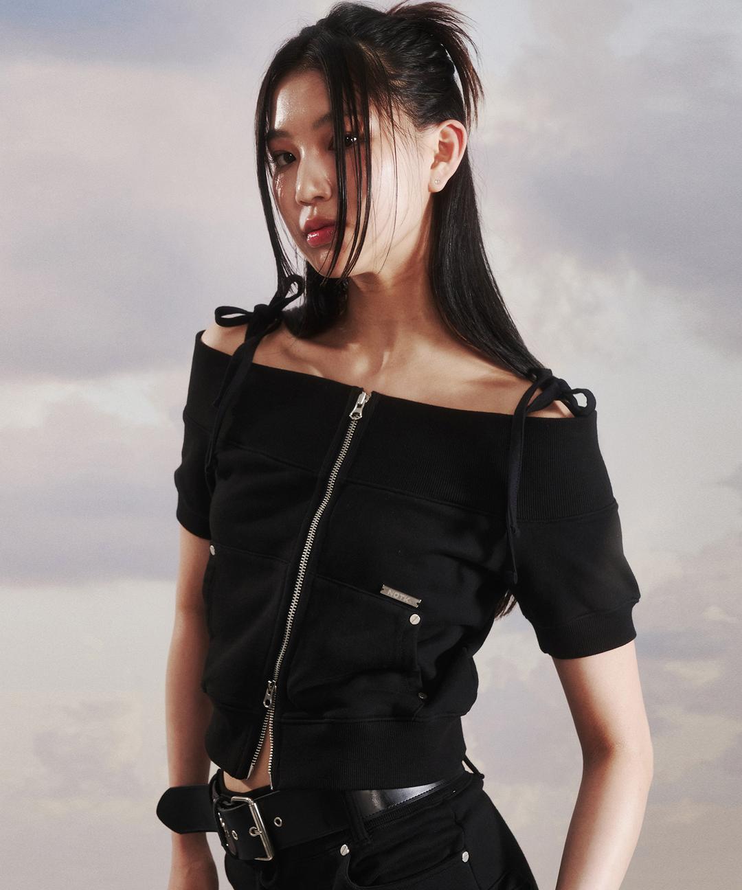 Off Shoulder Ribbon Zip Up (BLACK)