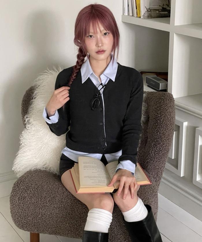 STRIPE SHIRT LAYERED CARDIGAN (CHARCOAL)_F24ZB066