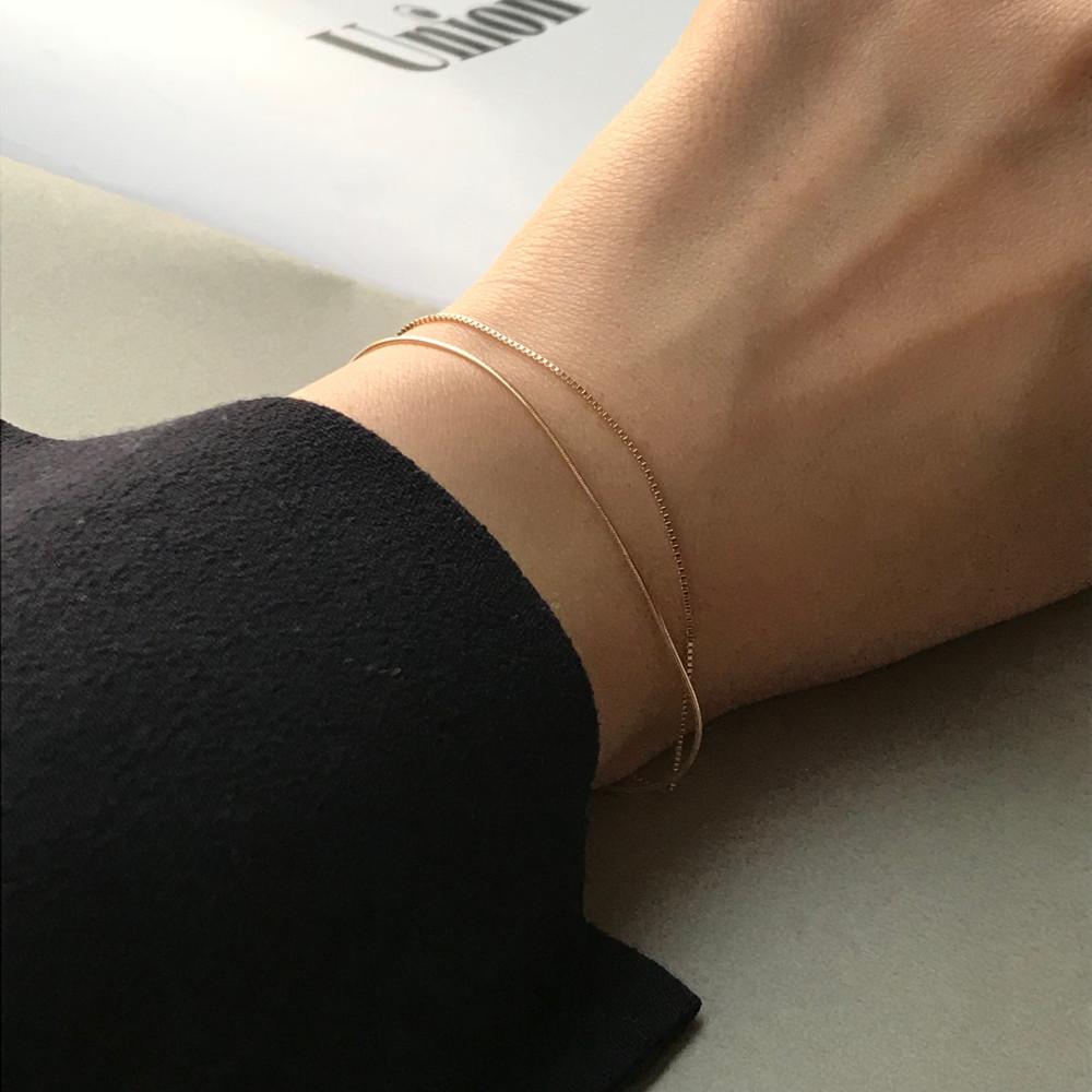 토프 라운드 체인 팔찌 - 14k 심플 얇은 원통 체인 기본 금 실 팔찌