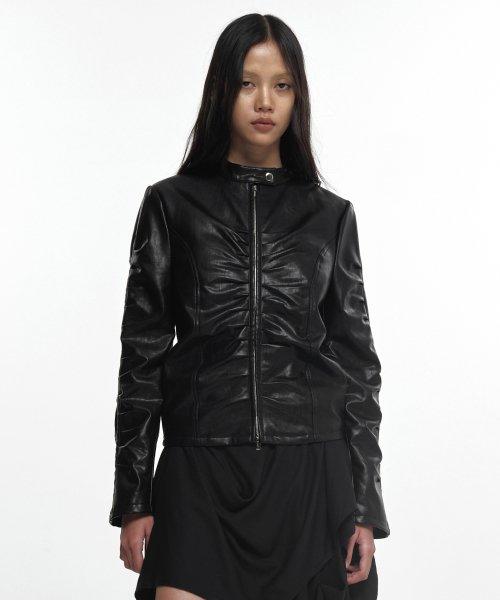 SHIRRING LEATHER JACKET BLACK