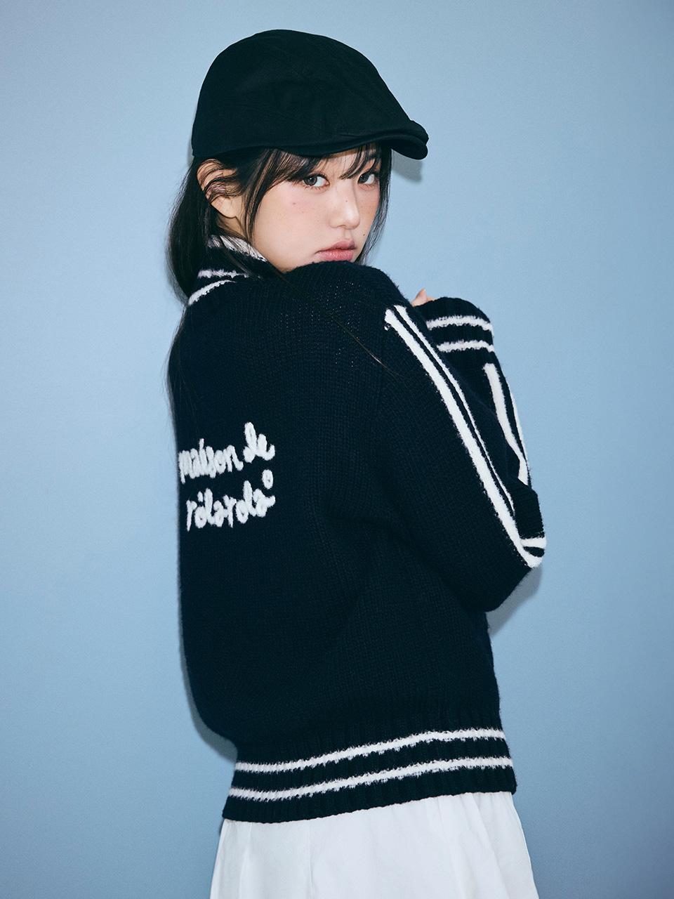 MAISON DE ROLA EMBROIDERY WOOL BLENDED KNIT ZIP-UP BLACK