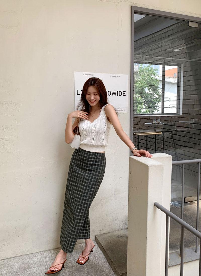 멜팅 체크 롱 스커트