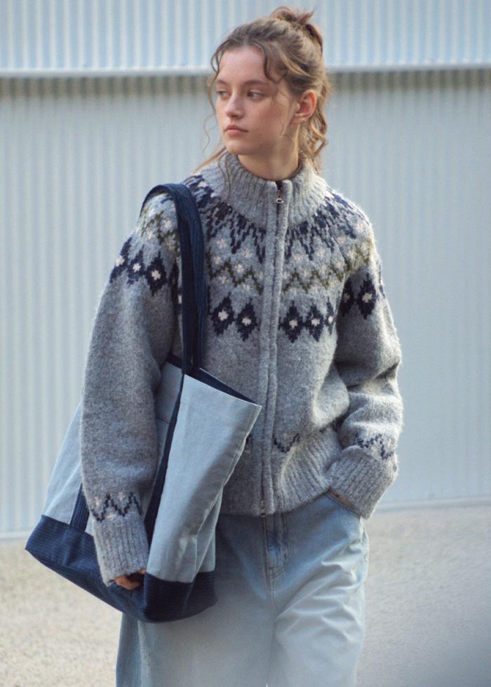 Nordic Wool Blend Jacquard Knit Zip-up_CTK255(Grey)