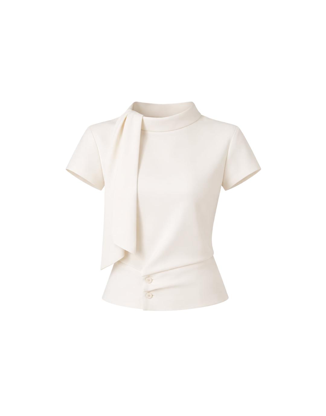 (선오픈) 룬 하이넥 타이 버튼 반팔 슬림 블라우스 아이보리