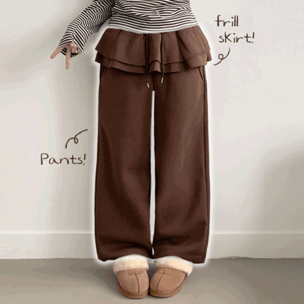 부기샵 [양기모🧡/레이어드룩/트렌디]마파 허리밴딩 프릴 레이어드 레이스 롱 기모 와이드 조거팬츠