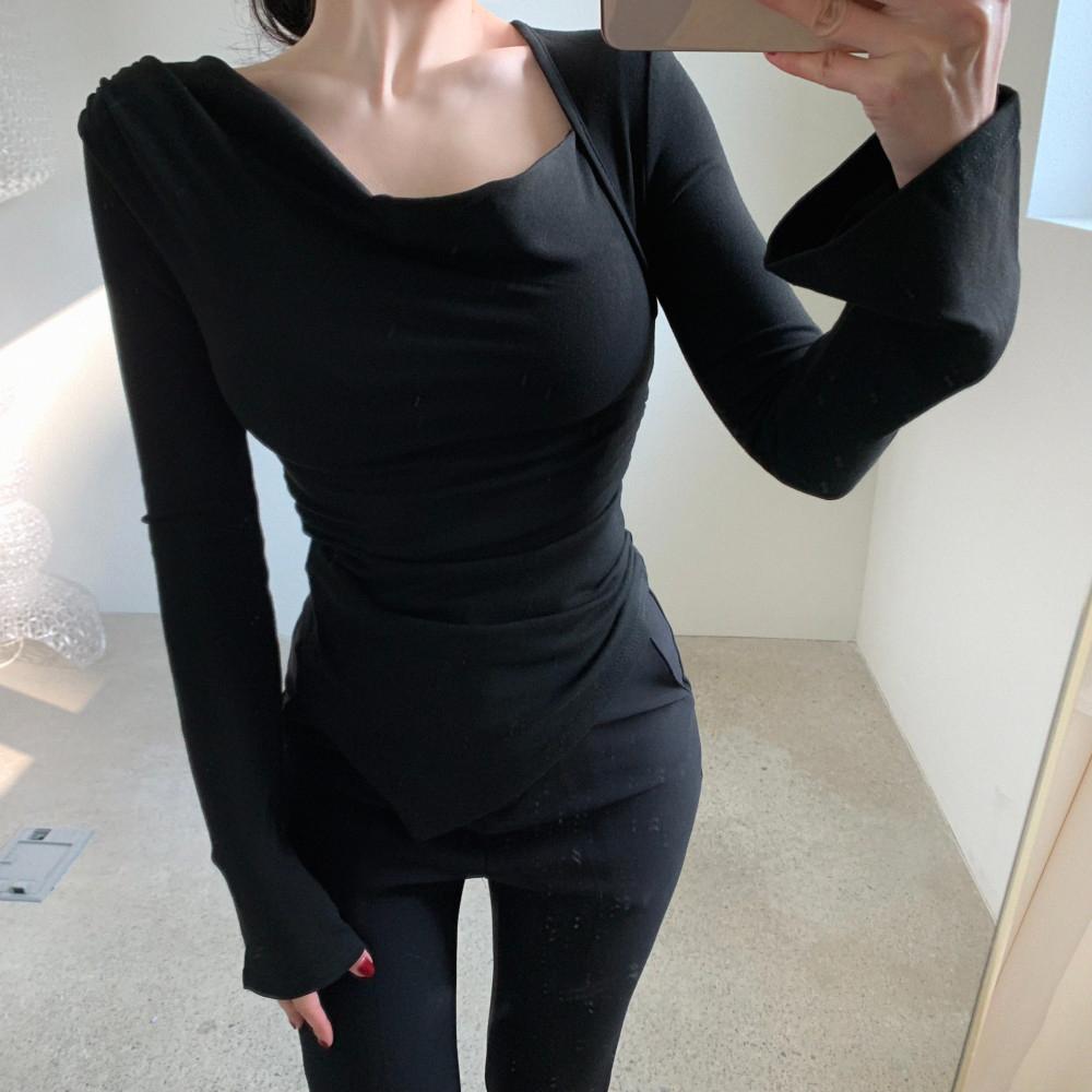 숄더 언발 드레이프 티셔츠