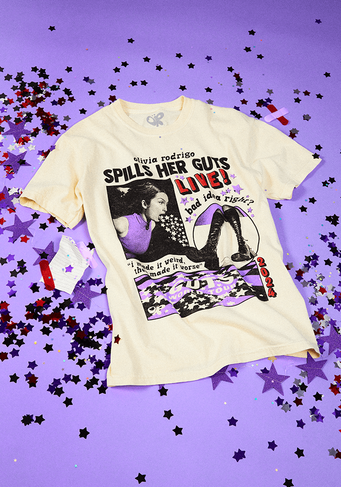 OR spills her GUTS live t-shirt in ivory - Olivia Rodrigo | Official Store