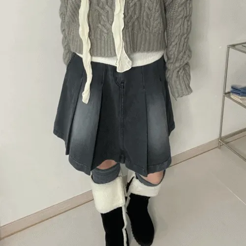 고퀄 5부 미디 플리츠 스커트 Midi Pleated Denim Skirt
