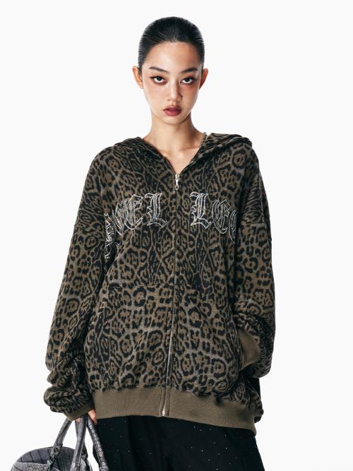 STUDDED ZIP-UP HOODIE OVERSIZED LEOPARD