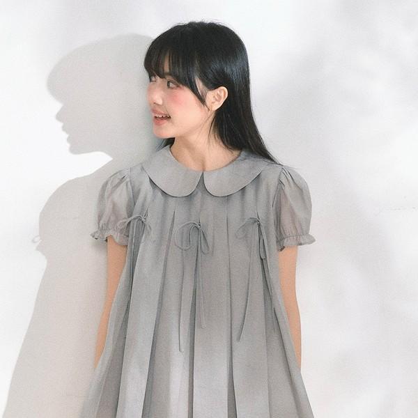 MAP Moonlit Silver Bow Tie Pleated A-Shaped Loose Shirt