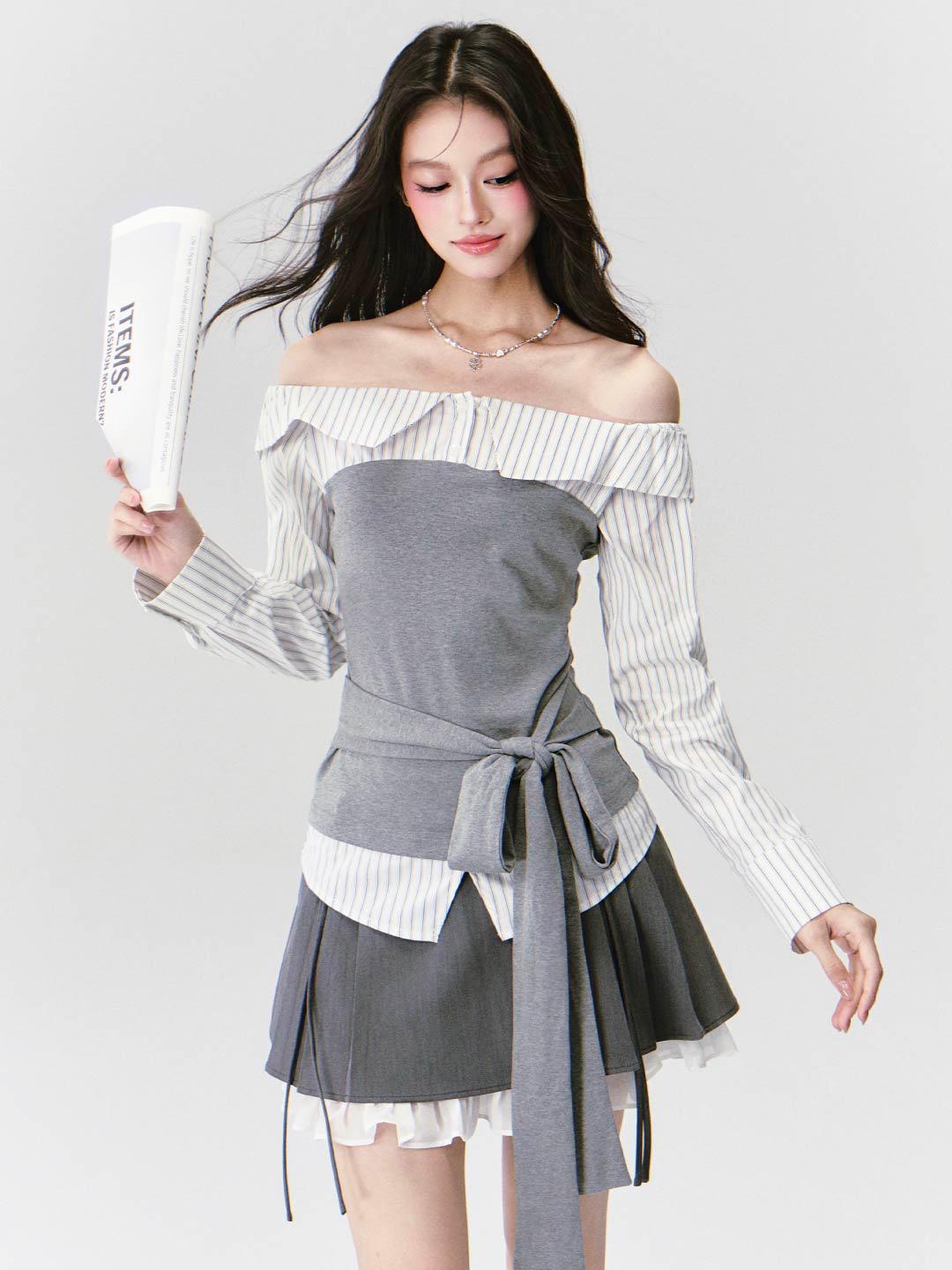 [FRAGILE HEART] Stripe Fake Two-Piece Top & Pleats Skirt Set