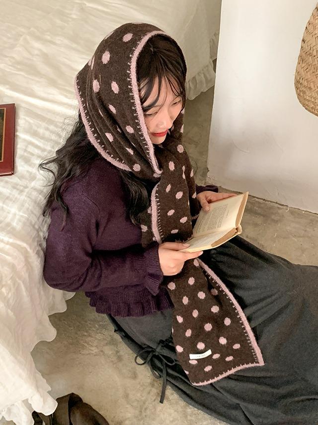 당당걸 피핀 도트 배색 울 니트 머플러 목도리 방한템