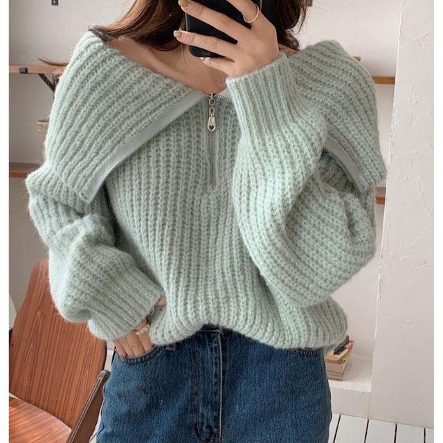 오프 지퍼 카라 니트티