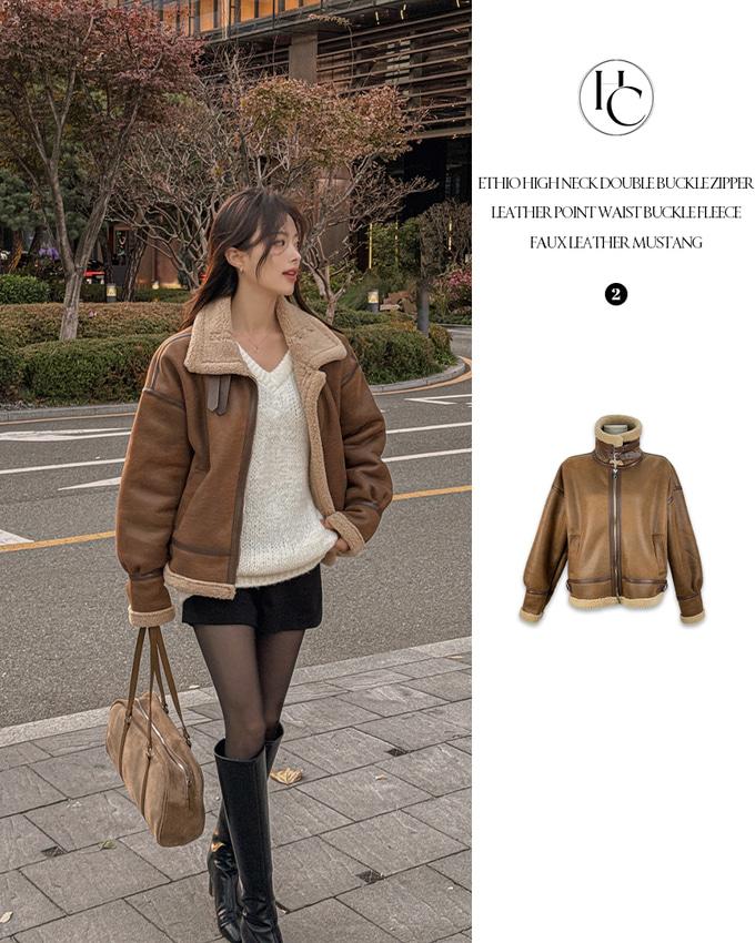 하이클래식 에티오 하이넥 더블버클 지퍼 가죽포인트 허리버클 양털 페이크레더 무스탕