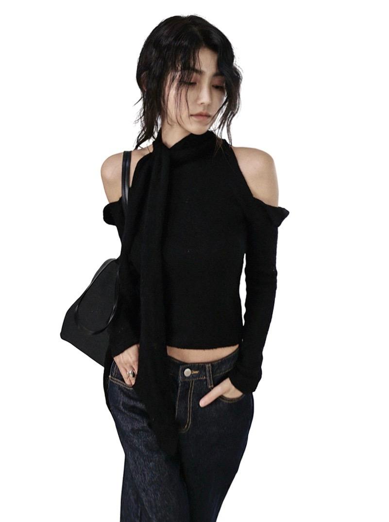 PI BOOKLE OFF-SHOULDER SCARF CUT-OUT KNITWEAR 파이 부클 오프숄더 스카프 컷아웃 니트 (3 COLORS)