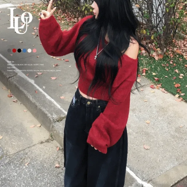 [핏,퀄리티보장❤] 입술&원숄더 세미 크롭 허리잘록 여리 루즈핏 단추 버튼 니트