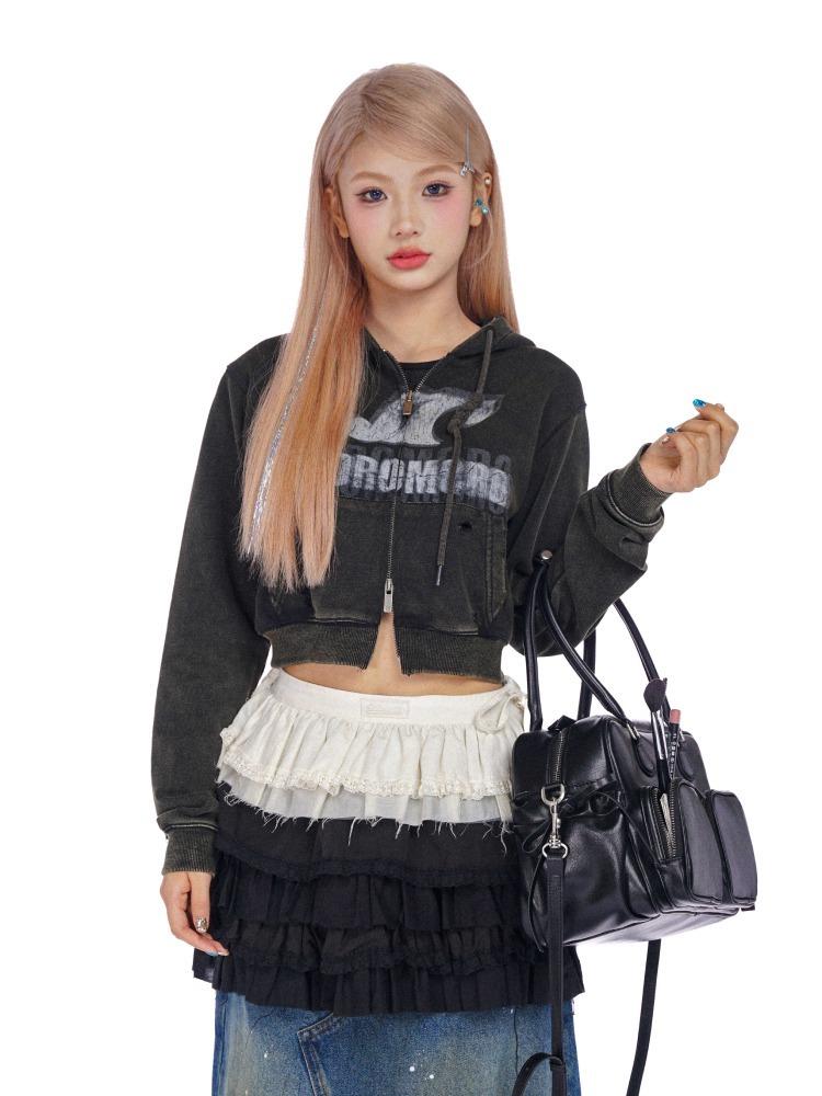 MOROMORO 빈티지 로고 크롭 후드집업 자켓 (2컬러)