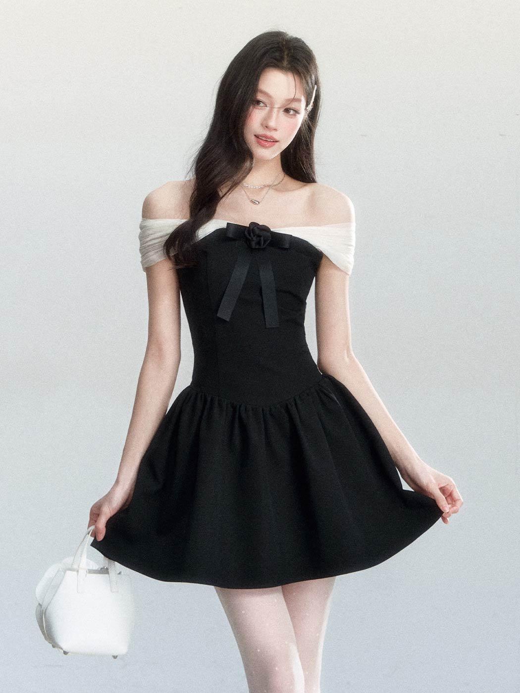 [FRAGILE HEART] Chiffon Off-Shoulder Flare Dress