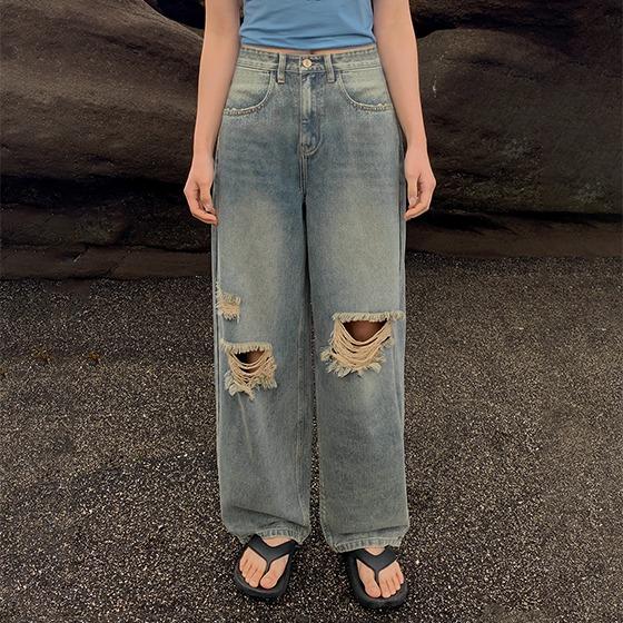 [오늘출발][찢청/데미지데님] 빈티지 디스트로이 와이드 팬츠 (무파진,빈티지,구제,청바지,와이드팬츠,와이드청바지,와이드데님,여름데님,여름청바지)