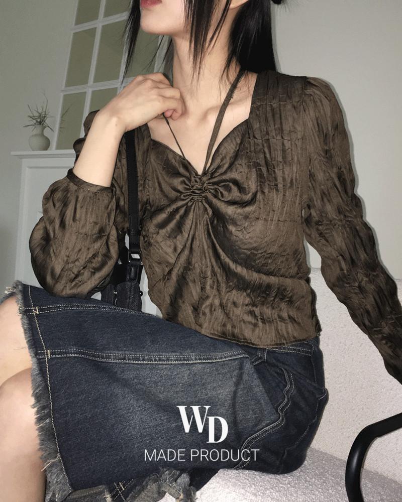 [오늘출발/MADE] 디솝 새틴 플리츠 리본 끈 투웨이 블라우스