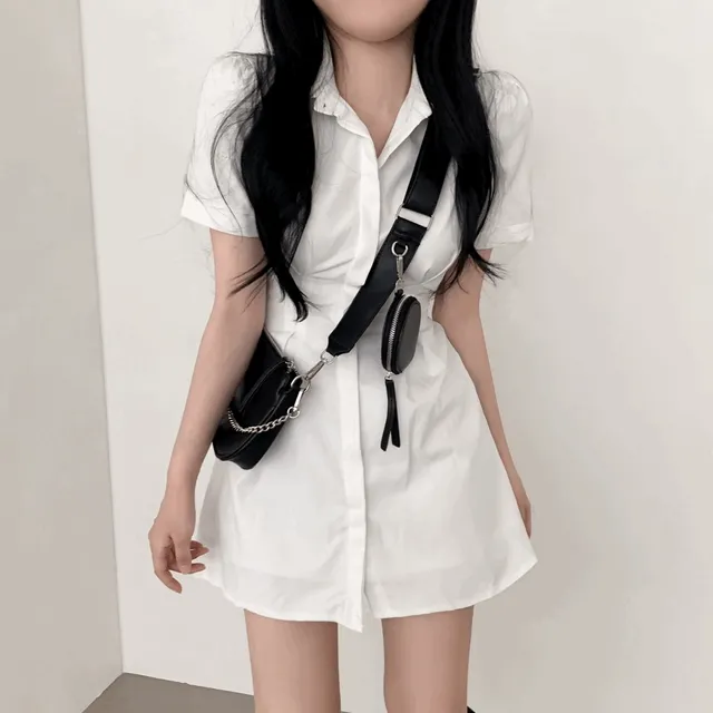 [허리잘록~/꾸안꾸] 웹드여주, 뒷밴딩 허리 핀턱 미니 셔츠 원피스