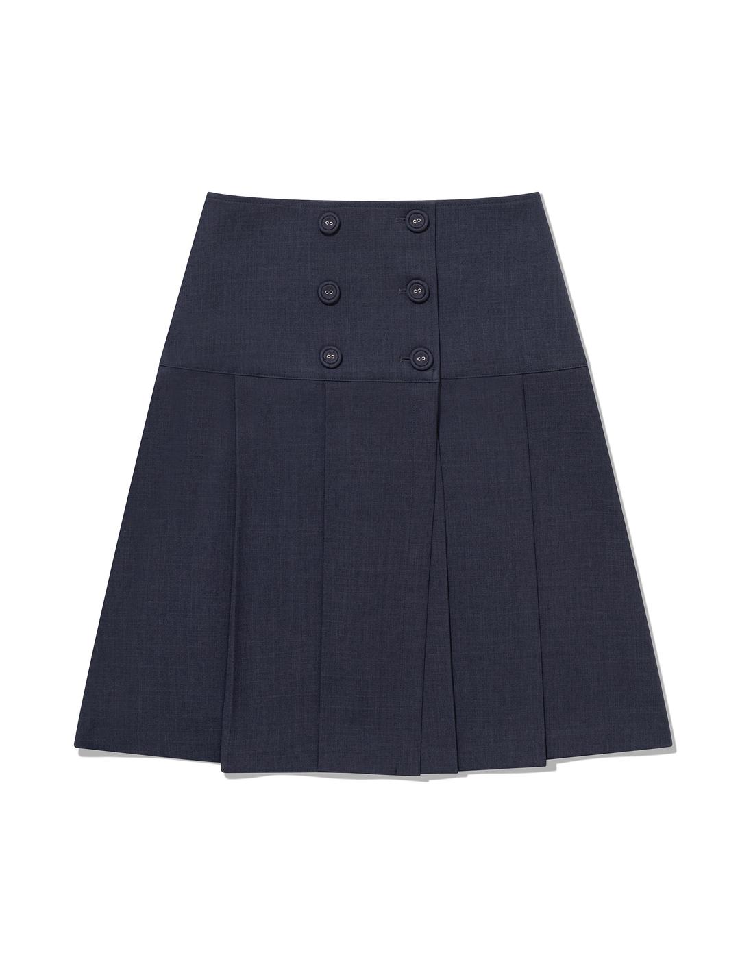 BUTTON DOUBLE PLEATED MIDI SKIRT(NAVY)