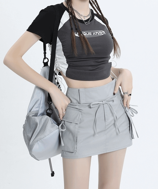 [발레코어룩!] 리본카고 포켓 y2k 그레이 힙한 미니스커트 - 캐쥬얼, 데일리, 스트링
