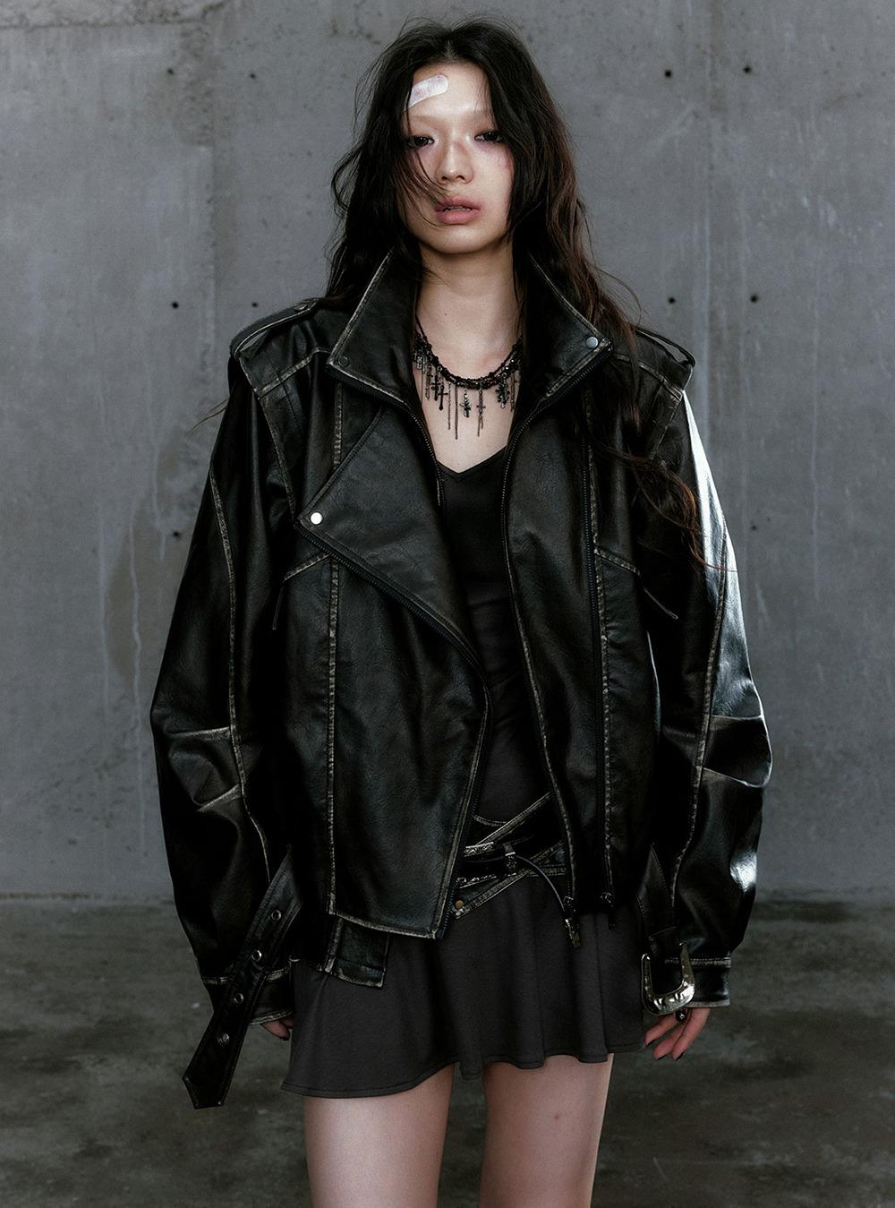Tie-Dye Texture Motorcycle Jacket (Black/Brown)