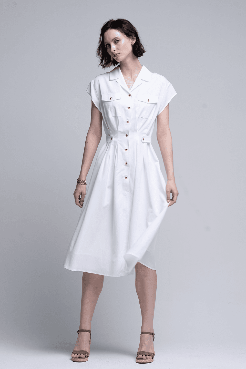 Open collar gold button pointed dress - white
