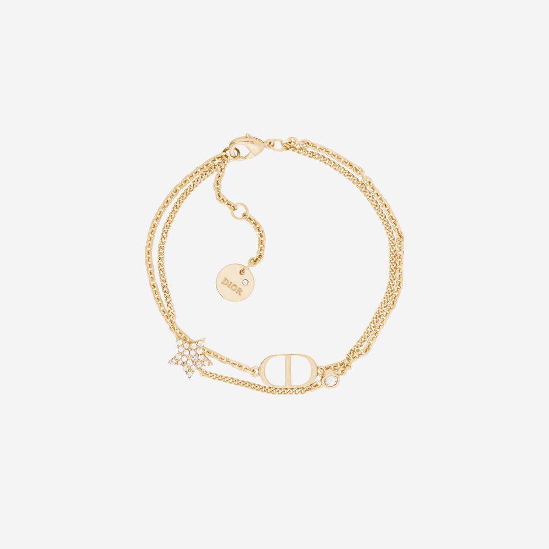 (W) Dior Petit CD Double Bracelet Gold Finish Metal White Crystals