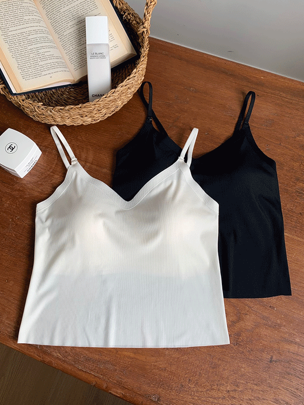 [편해요][패드고정][2color] 레브 v넥 심리스 브라탑편한 캡나시  코튼 면소재 무지 골지 운동 필라테스 요가 헬스 패드 안돌아가는 안빠지는 여행룩