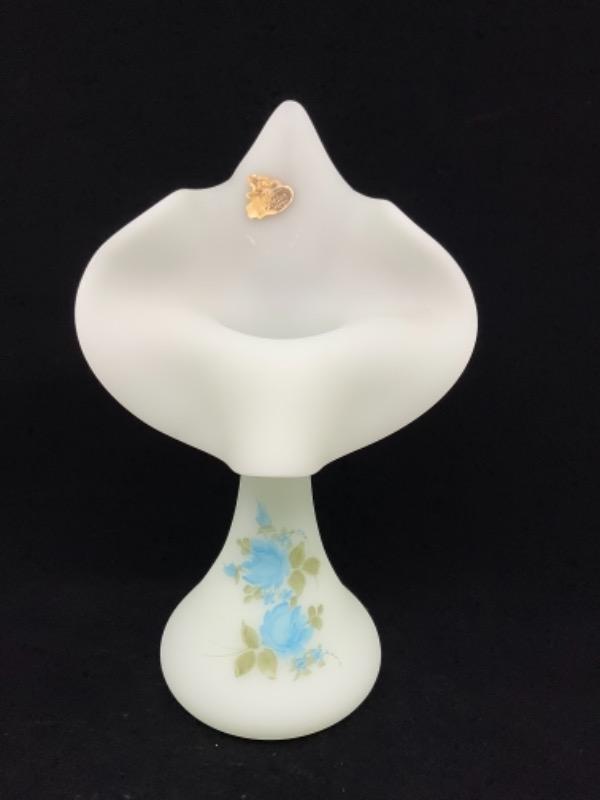 펜톤 핸드페인트 세틴 글래스 “Jack in the Pulpit" 베이스-오리지널 라벨 Fenton Hand Painted Satin Glass \"Jack in the Pulpit\" Vase 1957-1971 -Original Paper Label!!