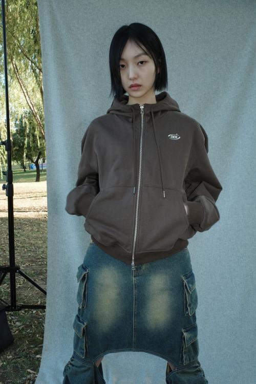 레이어드 스트링 후드 집업 [브라운]