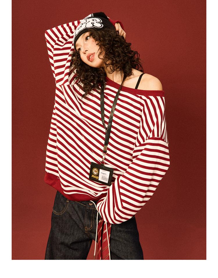 YOUNG STAGE Retro-strip Loose Shoulder Sweatshirt