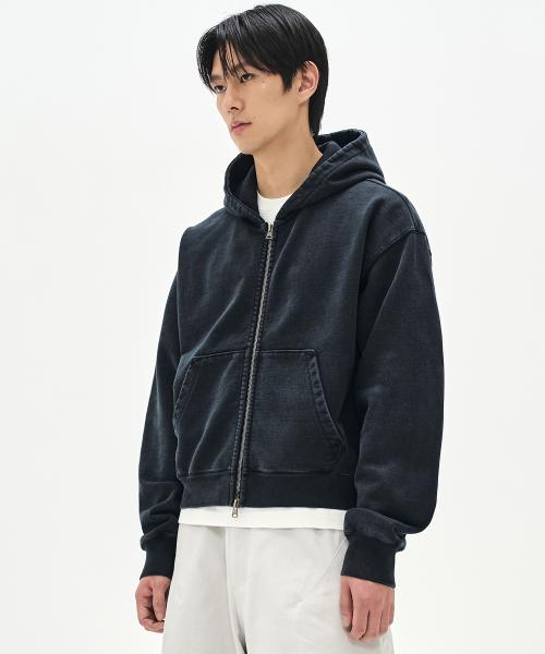 980G 크롭 피그먼트 후디 집업-워시드 블랙-