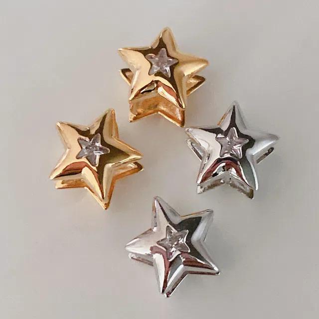 양면 하트 원터치 ) 스타 별 큐빅 귀걸이 ( 골드 / 실버)